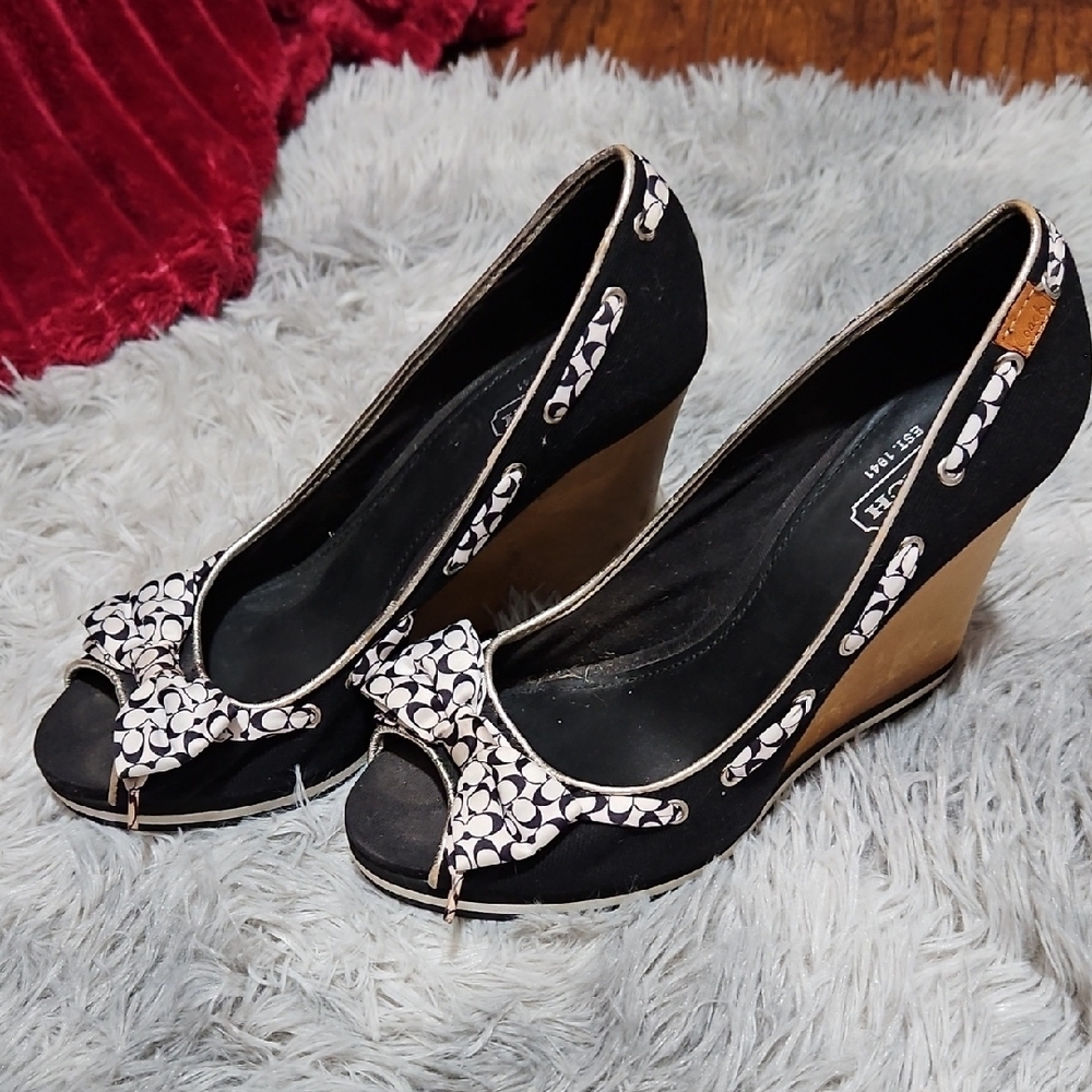 Coach Black and White Signature Peep-Toe Wedges with Bow